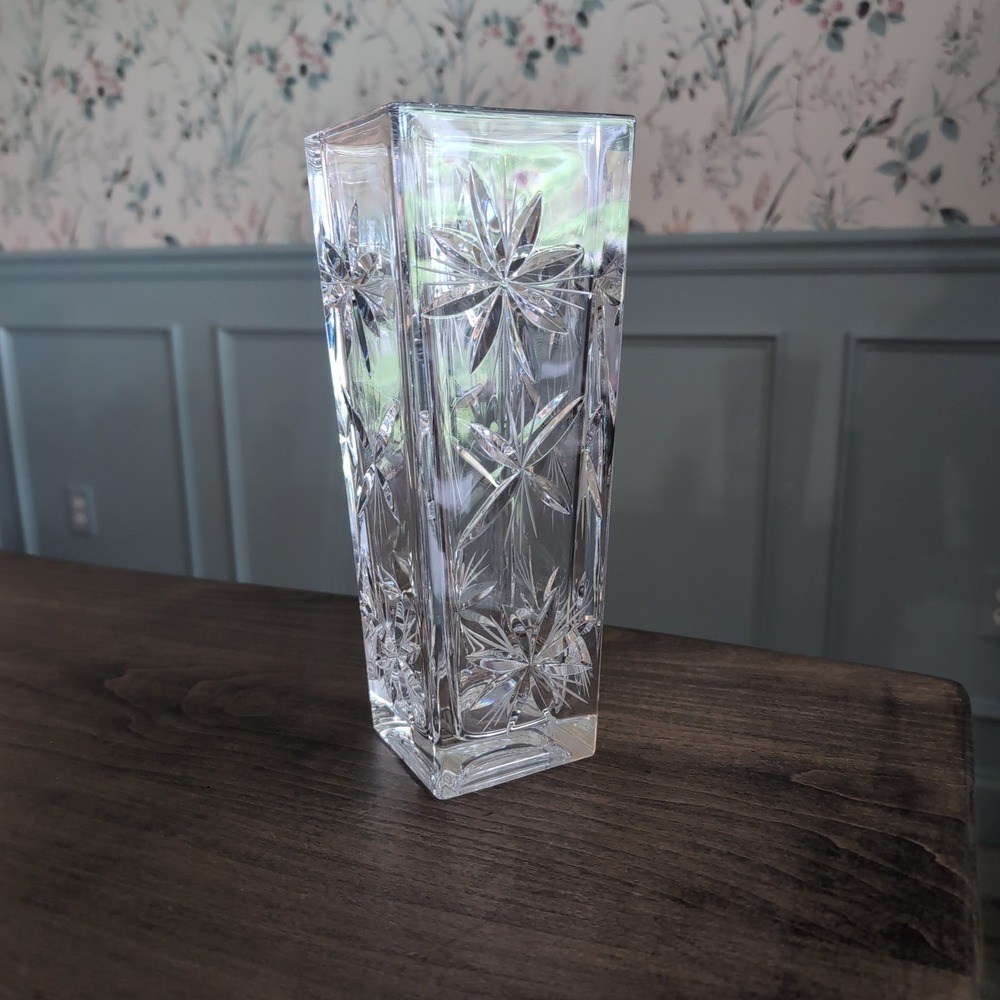 Vintage Heavy Cut Crystal Square Vase 10" Tall Starburst Pinwheel Floral Pattern
